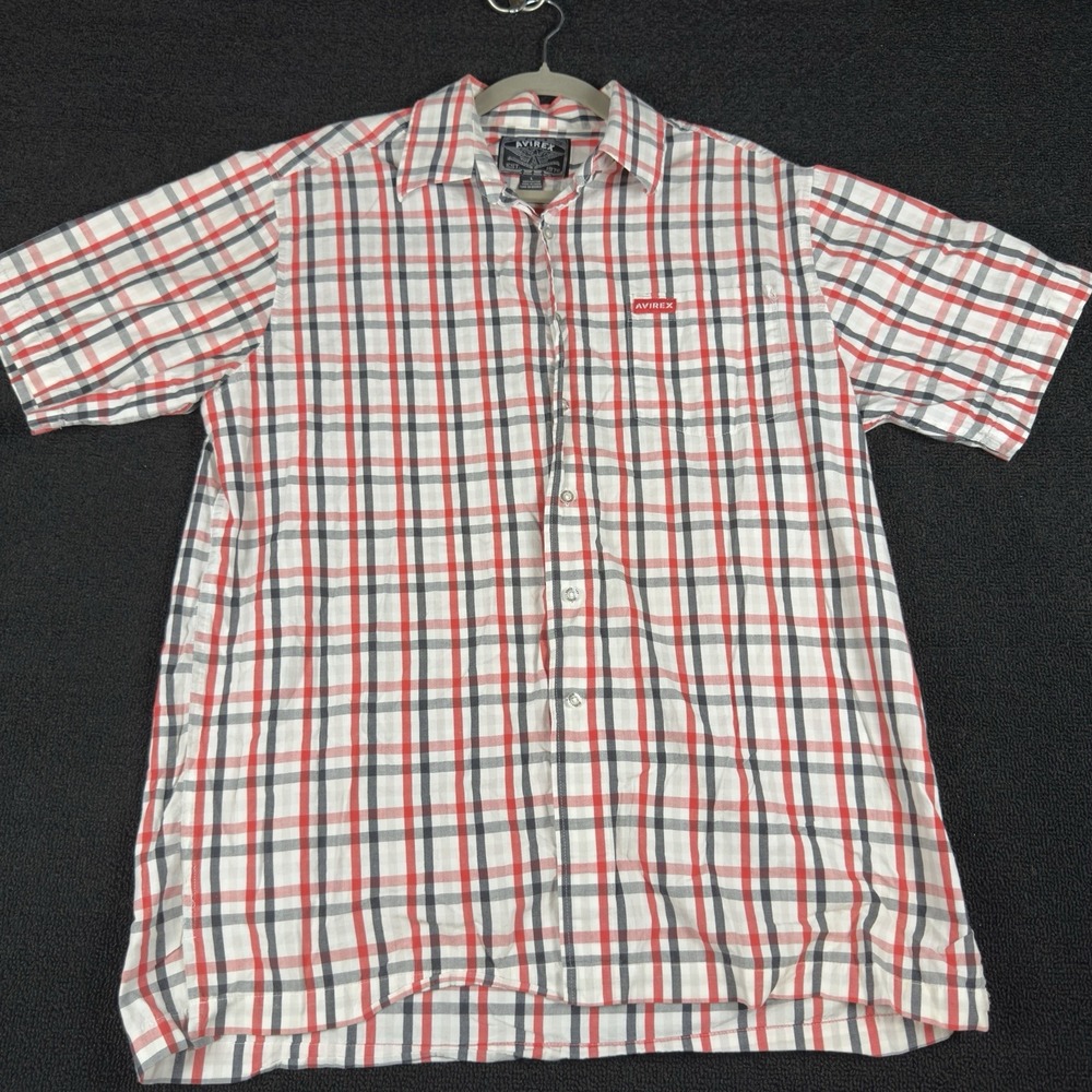 Avirex Button Up Short Sleeves Shirt Men's‎ Size Large Plaid White Red Black EUC